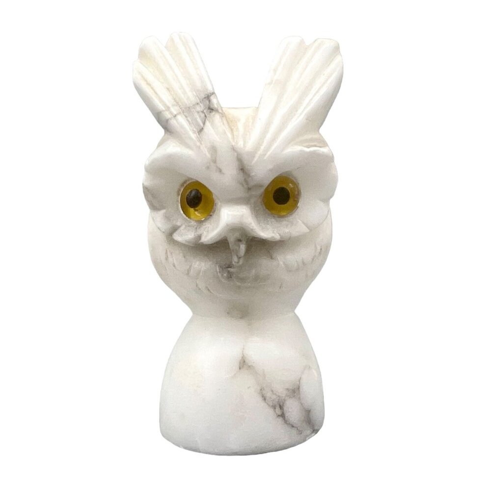 Vintage White Marble Alabaster Owl Figurine With Yellow Eyes MCM White Gray 3.5"